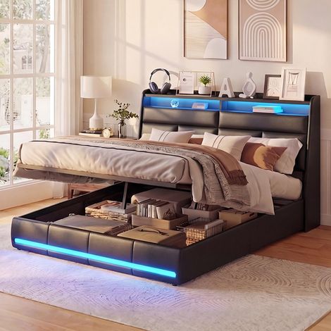 Lit coffre 140x200 cm, Lit double adulte avec sommier hydraulique, éclairage LED (tête et pied) et port USB, PU et Métal, Noir (1/5)