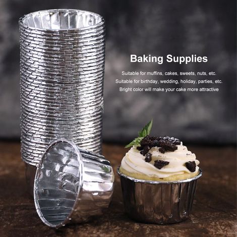 50 caissettes en papier double face frisé, résistantes à la chaleur, pour la cuisson de gâteaux, muffins et autres pâtisseries (argenté) (1/5)