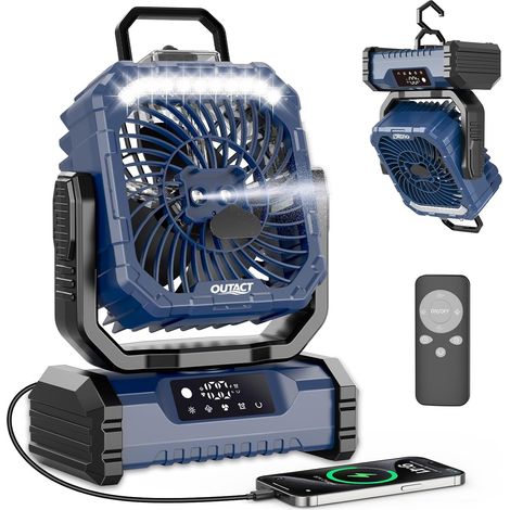 Ventilateur Camping Silencieux avec Lumière, Ventilateur Sans Fil Portable, Mist Fan Batterie Rechargeable 20000mAh avec Rotation et Minuterie, Crochet de Suspension pour Car Extérieur Bureau - Blau (1/5)