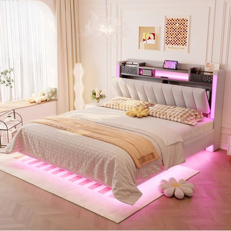 Letto imbottito in tessuto di lino beige 140x200 cm con LED, USB, testiera contenitore e rete a doghe (1/5)