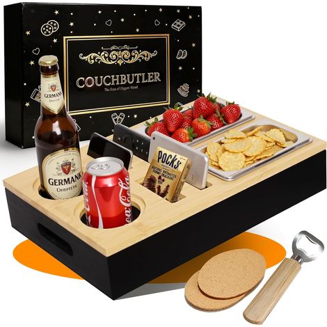 Couch Bar Snack Box, Plateau Canapé: 2 Bols à Snacks, 2 Porte-gobelets avec sous-Verre, 1 Ouvre-Bouteille Bois, Couvercle Magnétique, Supports Téléphone (1/5)