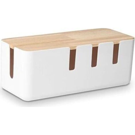 Cable storage box 30.5 x 12.5 x 11.5 cm – Wooden lid – Cord organizer for desk and TV – 2 directional USB ports (1/5)
