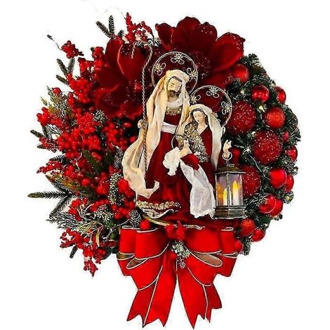 Crèche illuminée, couronne de Noël, décoration pour sapin de Noël, ensemble Sainte Famille, lumières LED, guirlande lumineuse pour porte d'entrée et mur de Noël (1/5)