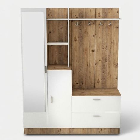Mueble de entrada con espejo, perchero y zapatero Farel - Blanco