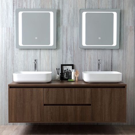 Kiamami Valentina – Meuble de salle de bain suspendu 150cm avec double lavabo en céramique – 2 miroirs LED 60x60 avec capteur tactile – Bois ennobli noyer foncé (1/5)