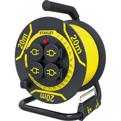 Stanley – Enrouleur électrique pro 20m H07RN-F 3G1,5 – 4 prises 16A+T avec clapets de protection – IP44 pour usage intérieur et extérieur (1/4)