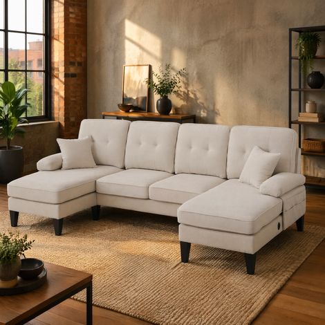 U-förmiges 4-Sitzer Sofa mit 2 Chaise-Lounges Leinen OKMYHOME