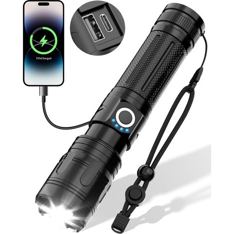 Lampe torche LED ultra puissante, lampe torche tactique USB 5 modes, étanche IPX5 pour les urgences en camping (avec batterie rechargeable) (1/5)