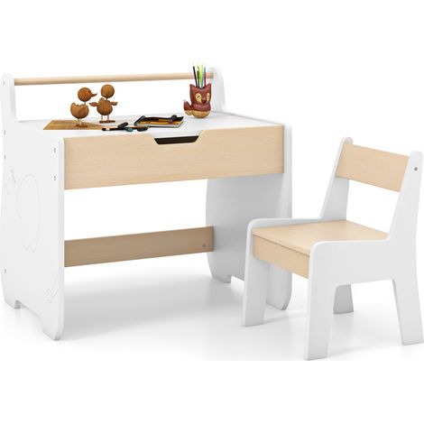 Ensemble table et chaise enfant blanc avec plateau détachable 2 en 1, rangement et dossier ergonomique pour chambre, salle de jeux (1/5)