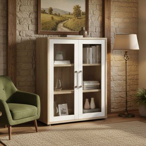 Dmora - Aparador Laureen, Bufé de salón, Aparador de salón, Despensa de cocina, 89x40 h113 cm, Roble y Blanco (1/4)