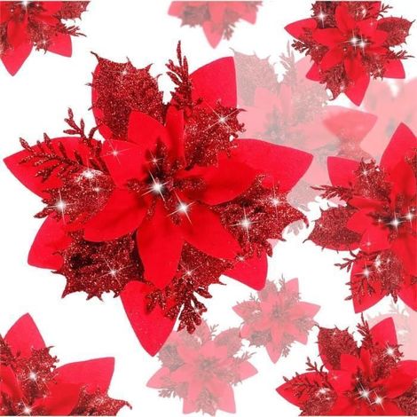 Decoration Noel,14pcs Fleur de Noel Artificielle, Guirlande Noel Sapin de Scintillantes,Arbre de Noël de Fête Couronne Noce,Rouge (1/4)