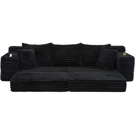 Sofá cama modular de terciopelo acanalado negro con respaldo alto, bolsillos y portavasos (1/5)