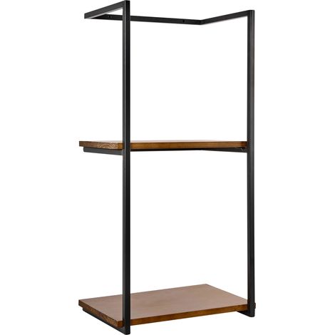 Estantería de pared de dos niveles para baño madera de abeto espacio de almacenaje estante práctico hierro negro Lolog