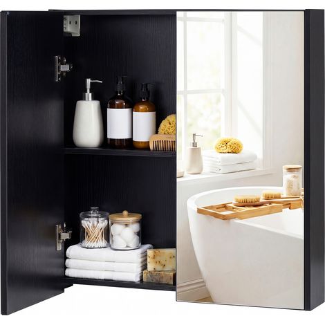 Armoire Murale Salle de Bain avec Miroir, 62 x 65 cm, Meuble Salle de Bain, Placard à 2 Niveaux, Installation en Saillie ou Encastrée, Noir (1/5)