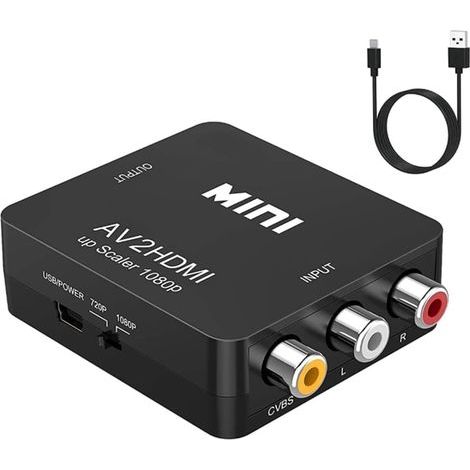 Convertisseur RCA vers HDMI, AV vers HDMI, mini adaptateur audio vidéo composite 1080p, compatible PAL/NTSC pour TV/PC/PS3/lecteur DVD Blu-ray, noir (1/5)