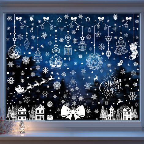 Autocollants de Noël, autocollants du Nouvel An russe, silhouettes de villes blanches, scènes d'hiver enneigées, autocollants de flocons de neige pour fenêtres.