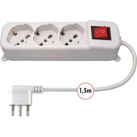 Bande d'alimentation 3 x Schuko + 10/16A avec Interrupteur Câble 1,5m Blanc
