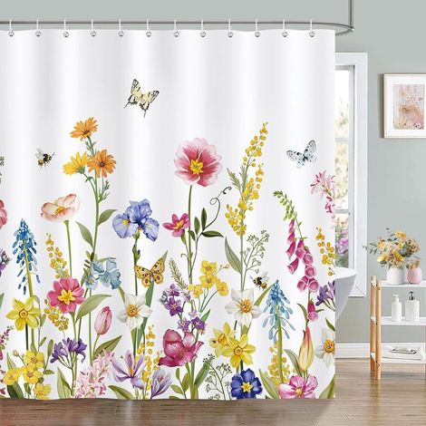 Rideau de Douche Coloré Fleur Printemps Aquarelle Plante Rideau de Bain Tissu Polyester Anti Moisissure Imperméable Lavable Rideaux Salle de Bain 180 x 180 cm avec 12 Crochets pour Baignoire (1/5)