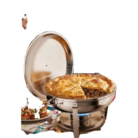 Plat de service, Acier inoxydable, Capacité de 5 quarts, Diamètre de 14 pouces, Idéal pour un usage en buffet, Comprend un couvercle et une cuillère (1/5)