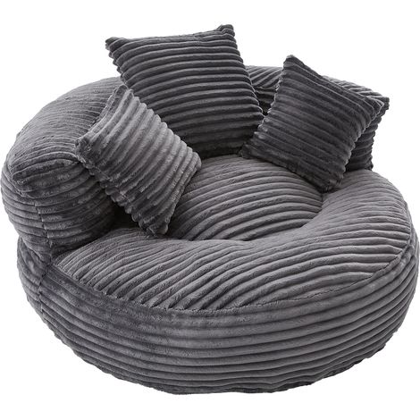 Fauteuil poire en velours côtelé gris foncé avec dossier haut et trois coussins, pour adultes et enfants (1/5)