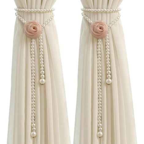 Set of 2 Curtain Tiebacks, Pearl Strap Curtain Tiebacks, Fringe Curtain Tiebacks, Floral Curtain Tiebacks, Adjustable Curtain Tiebacks for Home and Office Decoration (1/5)