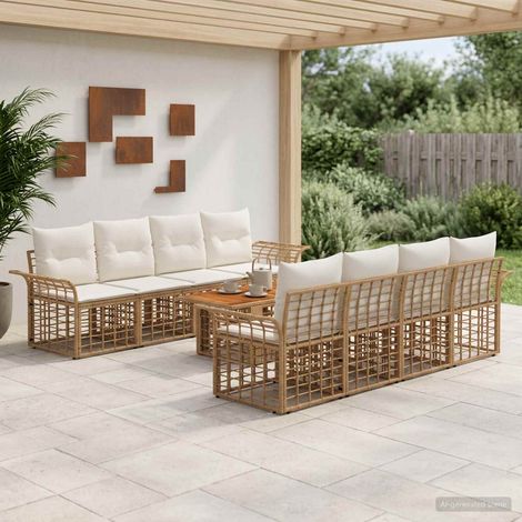 vidaXL Set Divano da Giardino 9 pz Naturale e Bianco Crema polyrattan (1/5)