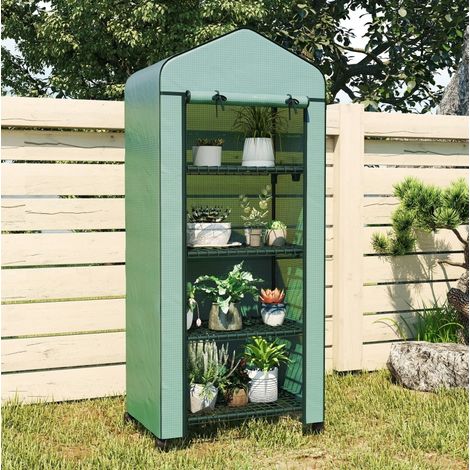 Mini serra da giardino con ripiani 69x50x165 cm, struttura in acciaio, copertura 140 g/m² anti-UV, porta avvolgibile, verde (1/5)