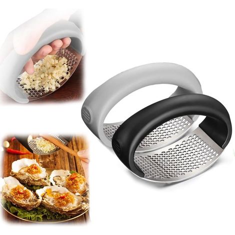 Prensa de ajos basculante de acero inoxidable - Utensilio de cocina - Negro y gris, 2 piezas (1/5)