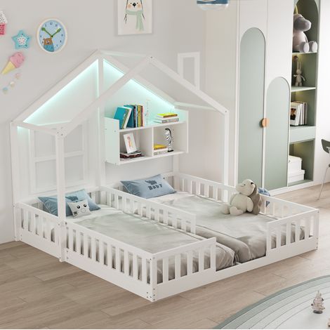 Cama infantil doble de madera blanca 2x90x200 cm con LED, barandillas de seguridad, estantes y somieres incluidos (1/5)