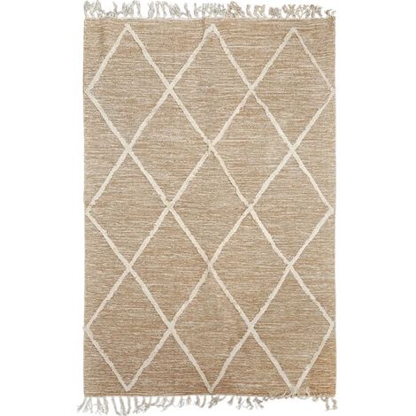 Tapis 120 x 180 cm en coton beige avec motifs et franges écru - ALIBA (1/5)