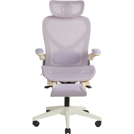 Silla de oficina ergonómica plegable de malla morada con reposapiés y reposabrazos abatibles (1/5)