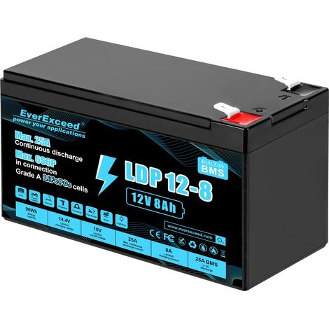 Batterie 12V 8Ah avec BMS 25A intégré, Batterie Lithium 12V à Plus de 3 000 Cycles Profonds pour UPS, Power Wheels, énergie Solaire/éolienne, éclairage, sondeur de pêche et Plus Encore (1/5)