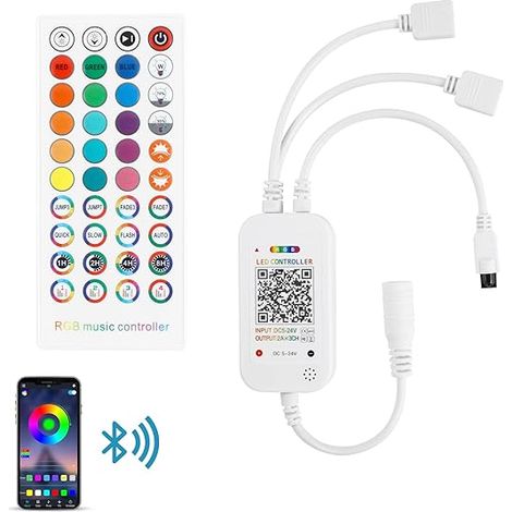 Contrôleur Musical LED RGB Bluetooth Télécommande IR 40 Touches Contrôleur RGB Synchronisé Musique 2 ports 4 Broches DC 5-24V Bande LED SMD 5050 3528 (1/5)