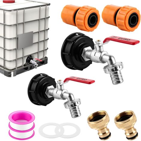 Lot de 2 Robinets IBC 1/2" et 3/4", 1000L Robinet Cuve S60 x 6 Adaptateur de Réservoir IBC, Robinet Recuperateur Eau pour Recuperateur Eau de Pluie, Raccords de Tuyau D'arrosage (1/5)