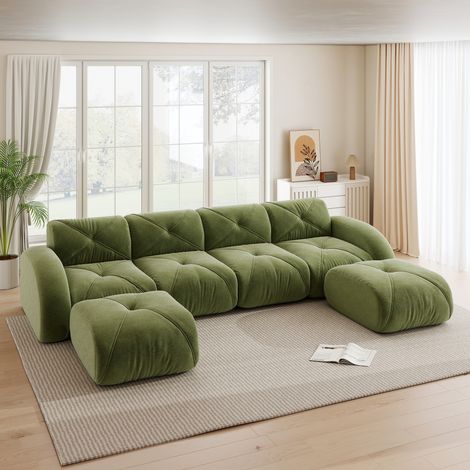Canapé U-Form Chenille Grün 4-Sitzer, rahmenloses Modulsofa mit 2 Hockern