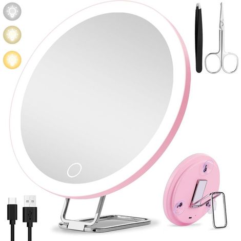 Miroir Grossissant Lumineux 30X, 15cm - 3 Modes de Couleur Dimming, Grand Miroir de Voyage Rechargeable avec 3 Ventouses et Support de Table 360° (1/5)