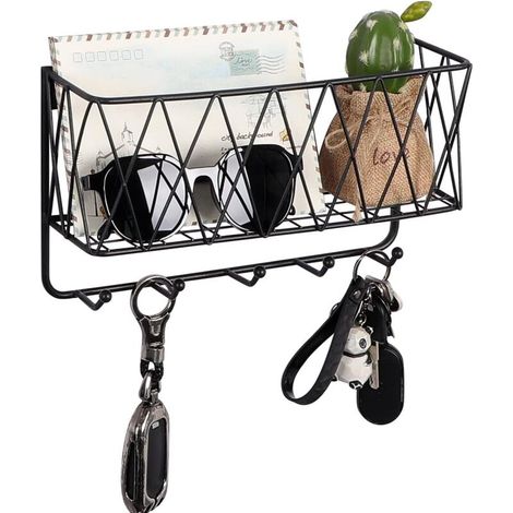 Porte-clés mural, porte-lettres avec 5 crochets, panier robuste en métal noir mat, anneau porte-clés mural 37,5 × 12,5 × 17,5 cm (1/5)