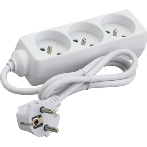 Bloc Multiprise electrique, Prise Multiple, Rallonge 3 prises 2P+T 16A, Cordon 1 mètre, Blanc (1/3)
