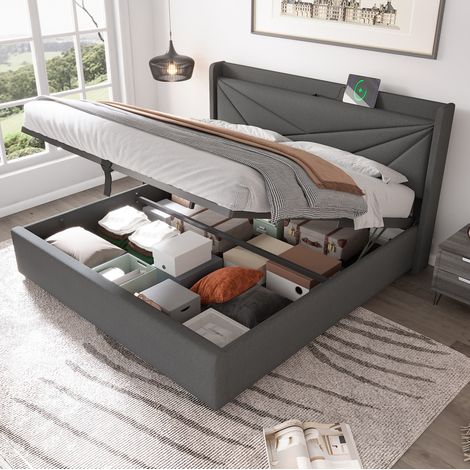 Lit double capitonné moderne 140x200 cm gris, coton-lin, tête de lit géométrique avec USB et Type-C, coffre de rangement (1/5)