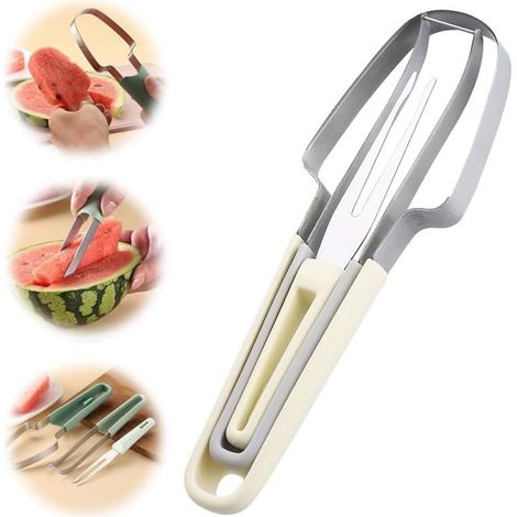 3in1 Coupe-fruits inox 2024 fourchette pastèque double embout poignée beige (1/5)
