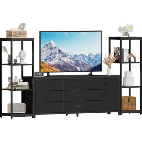 GARVEE - Meuble TV 75 Pouces Industriel avec 2 Bibliothèques 4 Niveaux, Commode à 9 Tiroirs Tissu pour Salon, 226 x 35 x 120 cm( Noir) (1/5)