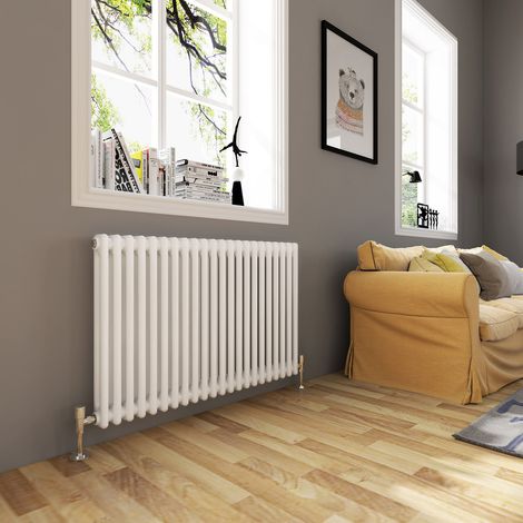 ELEGANT Traditional Radiator 600 x 1010mm Horizontal Double Column Cast Iron Style Radiator White + White Thermostatic Radiator Valves (1/5)