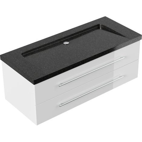 Badmöbel Granit Galaxy Black Damo 130 cm ohne Hahnloch SoftClose weiß hochglanz