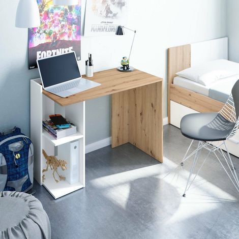 Dmora Escritorio Tucson, Escritorio reversible multiposición, Mesa de estudio u oficina para PC con balda y baldas, cm 100x52h78, Nudos blancos y roble, con embalaje reforzado (1/5)