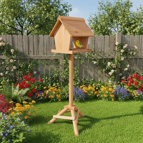 Vogelfutterhaus aus tannenholz mit hohem stander