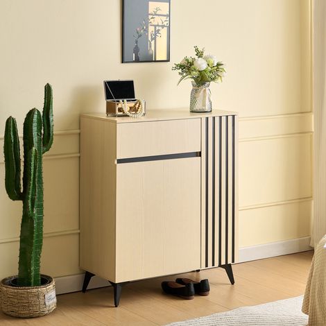 Schuhschrank sideboard für flur 75x35x90cm - kommode mit 2 türen und 1 schublade verstellbare regale - moderner stil aus mdf und metall - helles holz und schwarz (1/5)