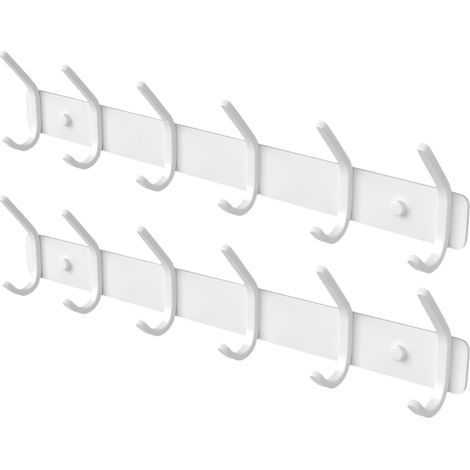 Perchero de pared blanco con 6 ganchos, metal mate, juego de 2 para recibidor, gancho adhesivo con respaldo reforzado. (1/4)