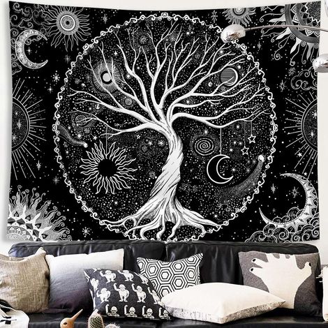 Tapisserie Arbre de Vie, Tapisserie Noir et Blanc, Tapisserie Espace Galaxie, Tapisserie Esthétique Noire (1/3)