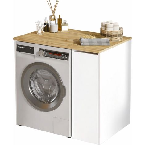 Meuble Lave-Linge 1 Porte 3 Niches Mobile Chêne et Blanc L 93.5 H 88.3 P 60 cm (1/5)