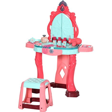 Coiffeuse pour fille avec tabouret, miroir, lampes et accessoires, en PP et GPPS, 57 x 34 x 76 cm, multicolore
